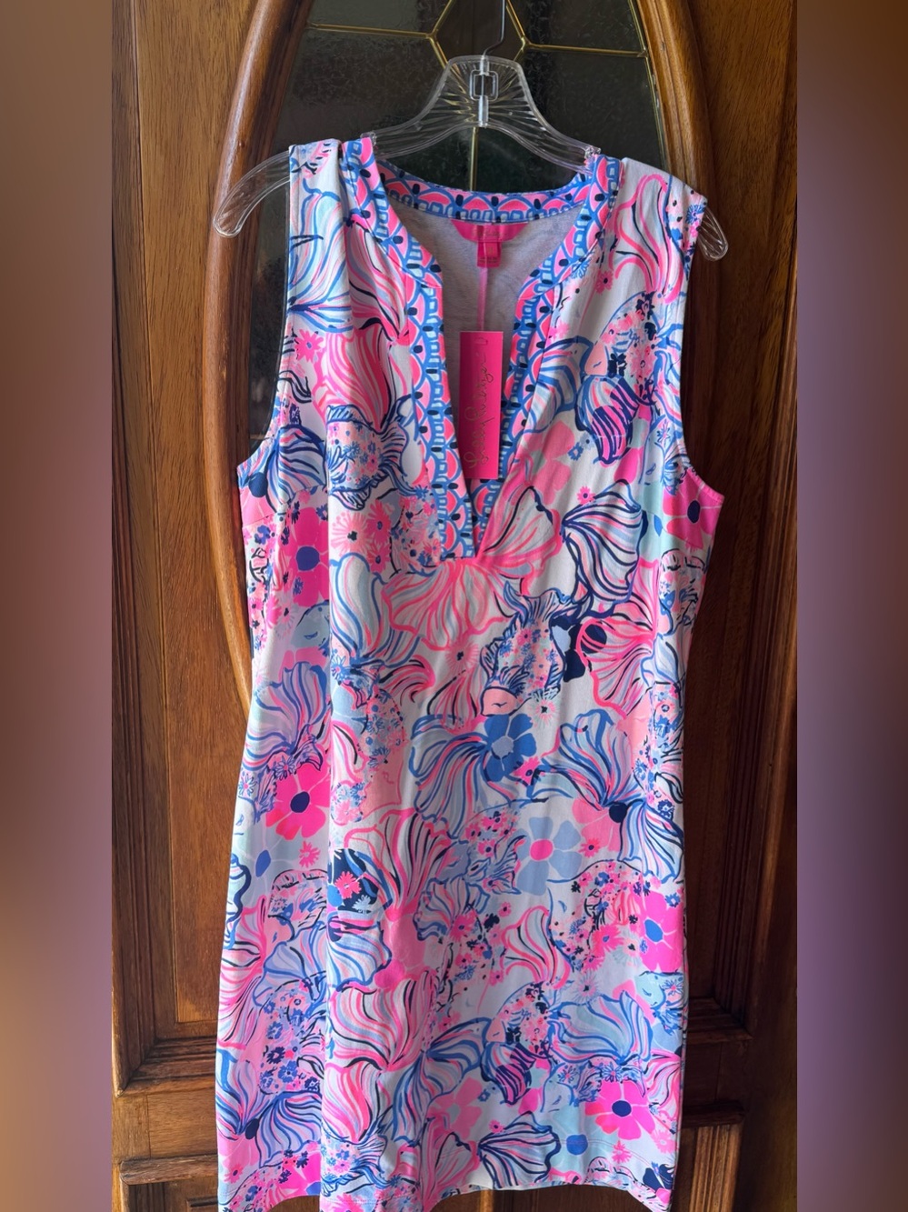 Lilly Pulitzer Size XL Floral /Fish Shift Dress - Pink & Blue. New with tags.